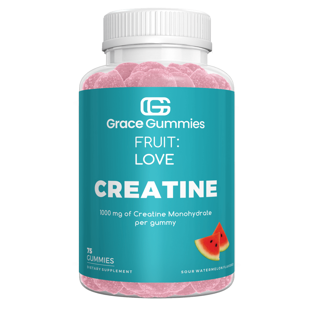 Grace Gummies container holding sour watermelon-flavored creatine gummies