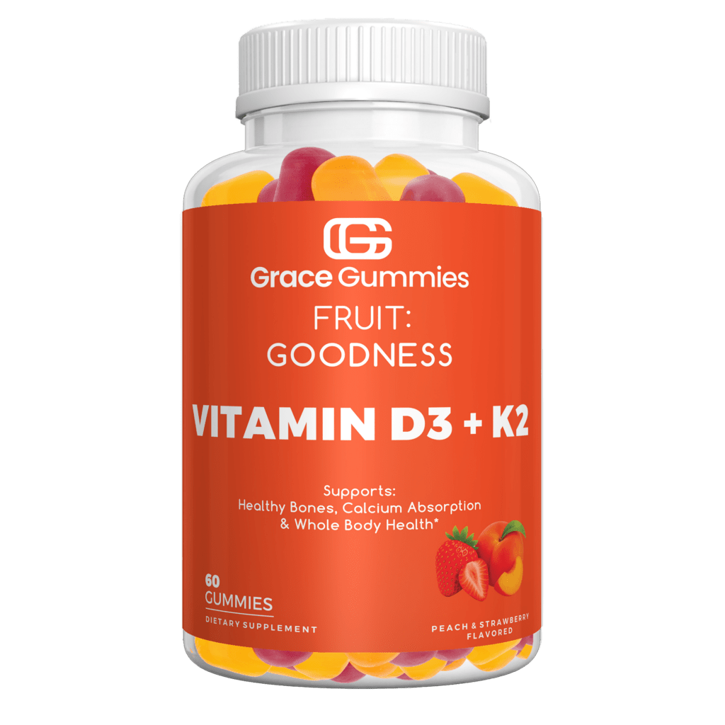 Grace Gummies bottle featuring Vitamin D3 + K2, promoting healthy bones and whole body health