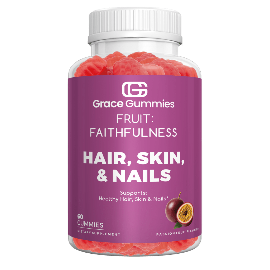 Grace Gummies bottle labeled "Hair, Skin, & Nails" supports healthy beauty