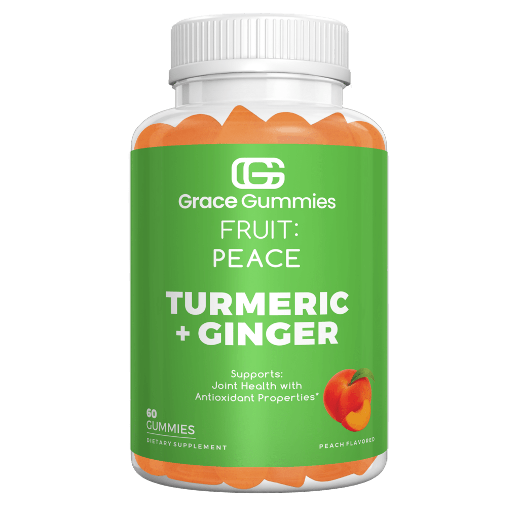 Grace Gummies Turmeric + Ginger supplement bottle, labeled "Fruit: Peace,"