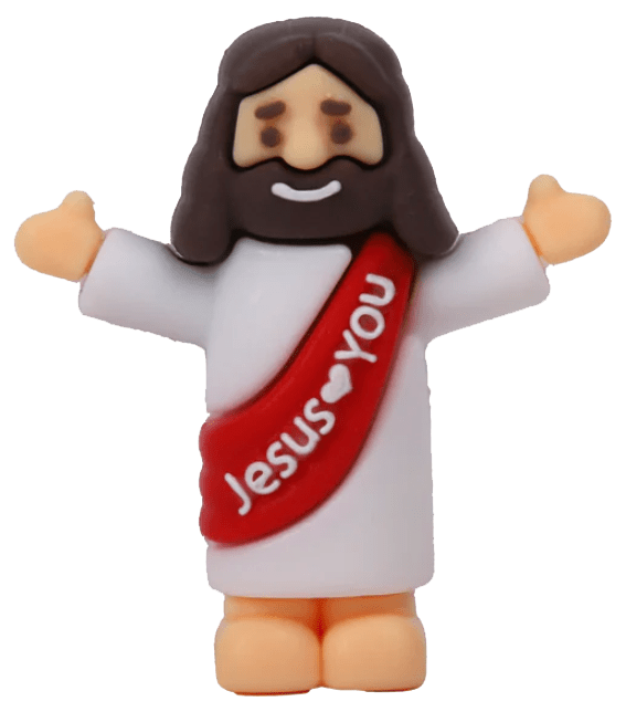 A playful figurine of Jesus with long hair, arms outstretched