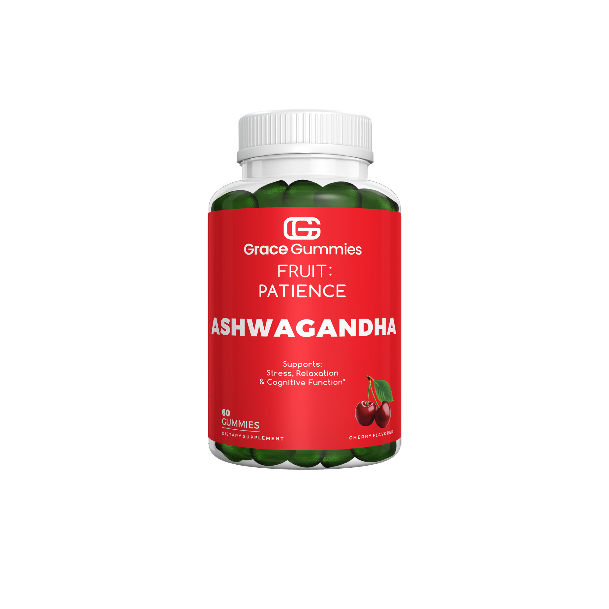 Cherry-flavored Ashwagandha gummies in a clear bottle. Promotes stress relief, relaxation, and cognitive function. Supports overall well-being.