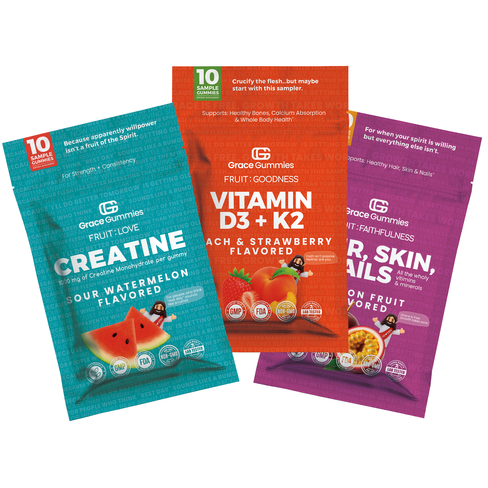 Three packages of Grace Gummies are displayed, featuring different flavors: Sour Watermelon Creatine, Peach & Strawberry Vitamin D3 + K2, and a multi-vitamin for hair, skin, and nails.