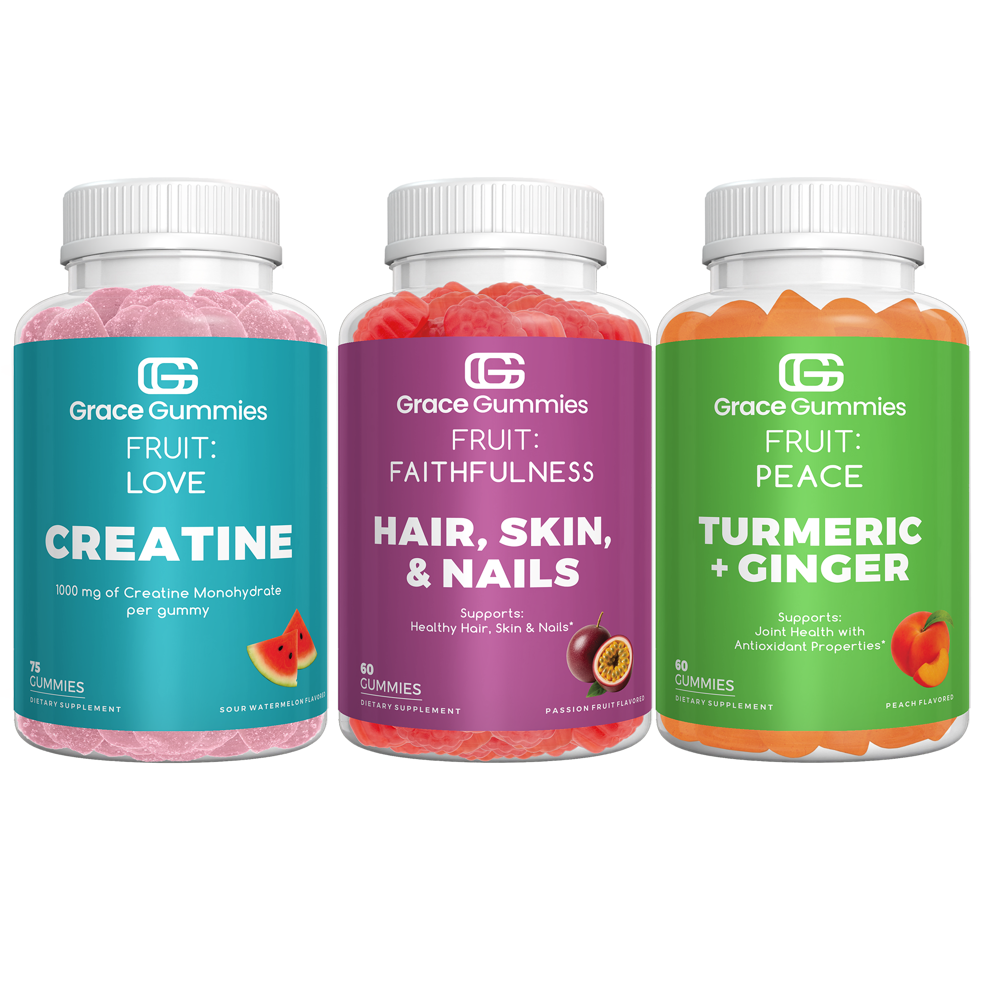 Three bottles of Grace Gummies, featuring labels for Creatine, Hair, Skin & Nails, and Turmeric + Ginger. Each promotes various health benefits.