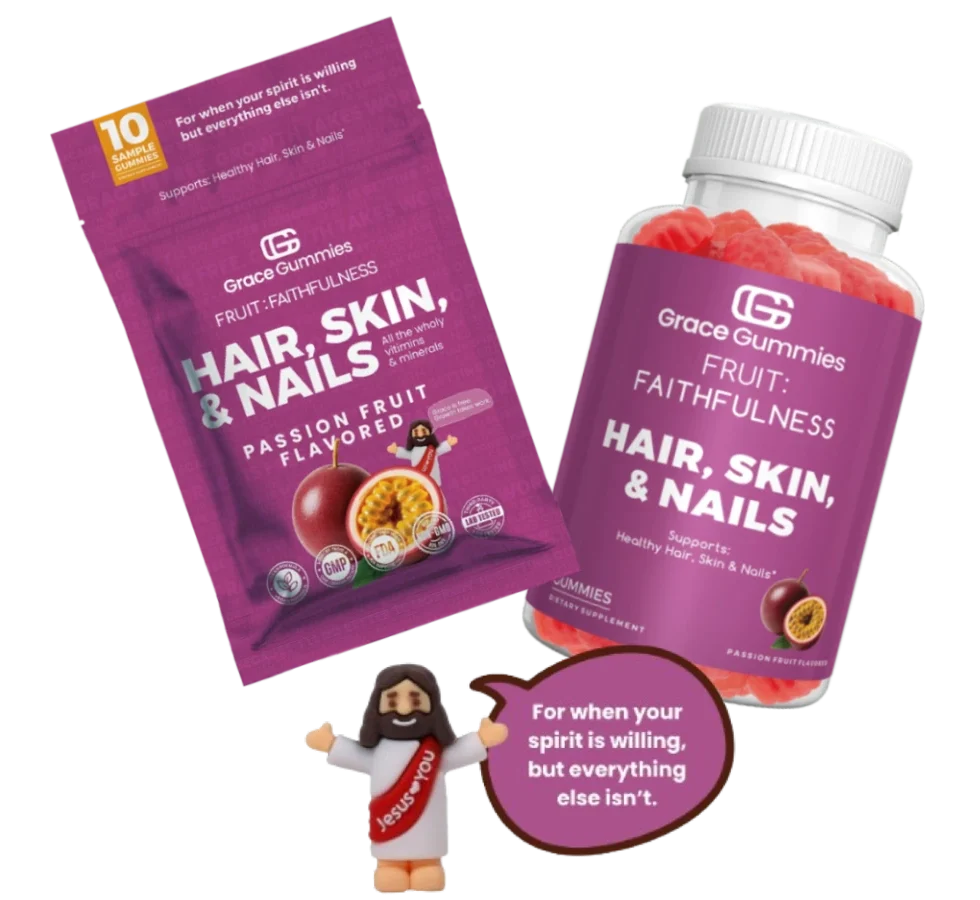 Grace Gummies bottle labeled "Hair, Skin, & Nails" supports healthy beauty