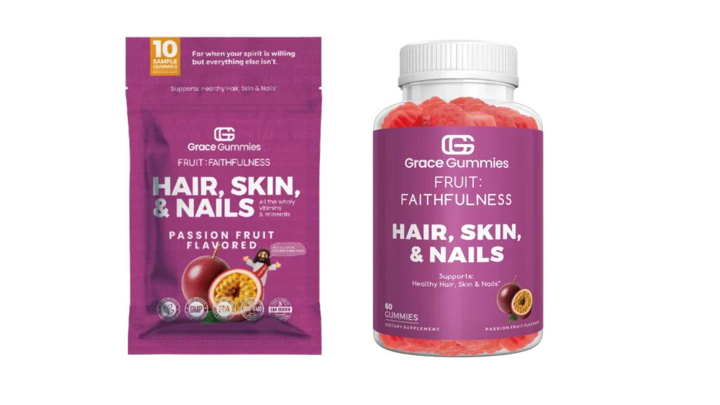 Grace Gummies bottle labeled "Hair, Skin, & Nails" supports healthy beauty