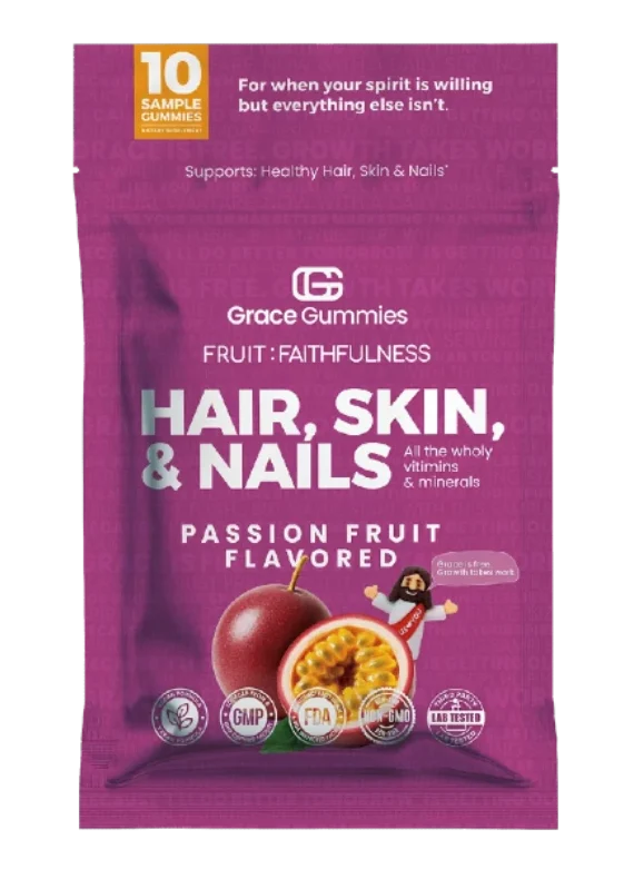 Grace Gummies bottle labeled "Hair, Skin, & Nails" supports healthy beauty